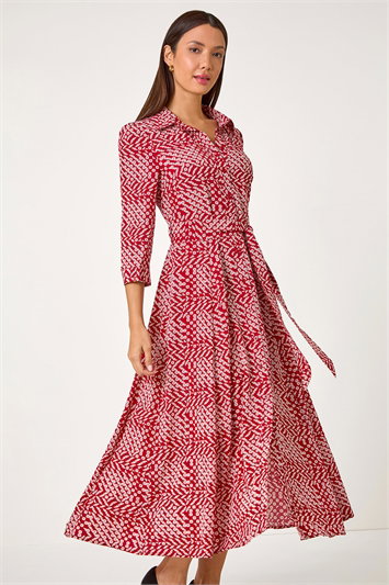Geometric Tie Waist Stretch Midi Shirt Dress 14600078