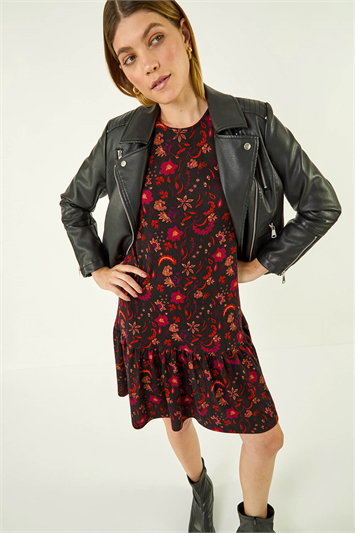 Red Floral Print A-Line Stretch Dress