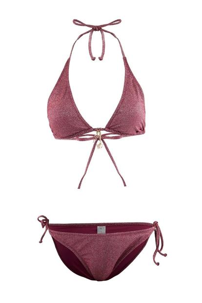 Blue Triangle Tie Side Bikini Set With Halterneck Top