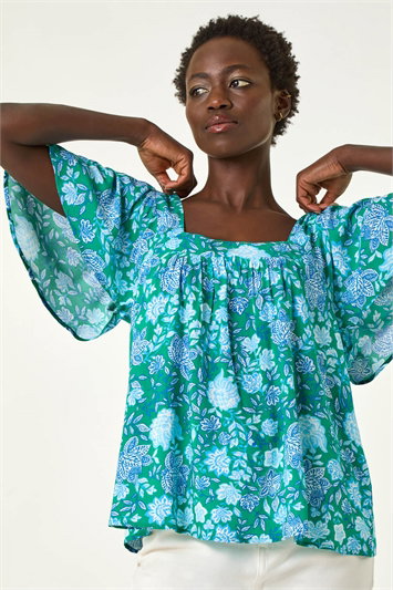 Blue Floral Print Square Neck Top