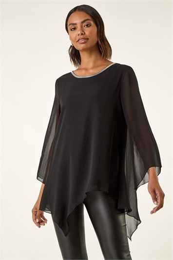 Black Sparkly Asymmetric Chiffon Top