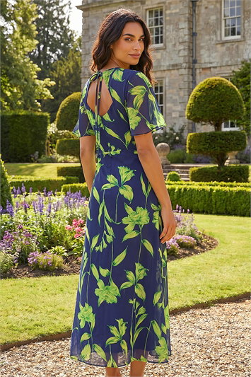 Leaf Print Back Tie Midi Dress 14730660