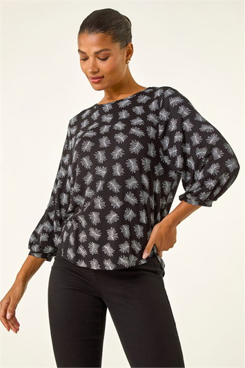 Black Abstract Print Stretch Top