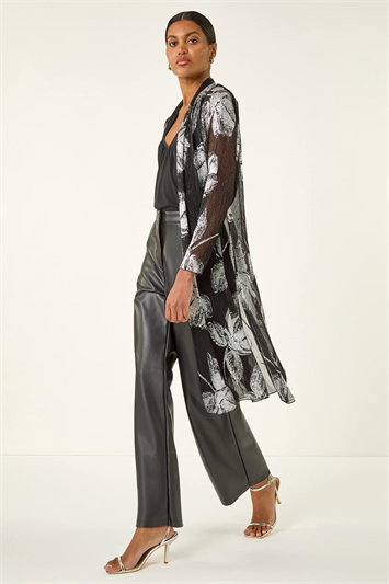 Metallic Foil Leaf Print Plisse Kimono