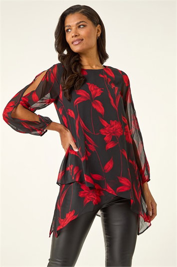 Red Floral Chiffon Layered Tunic Top
