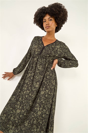 Green Floral Print V-Neck Stretch Midi Dress