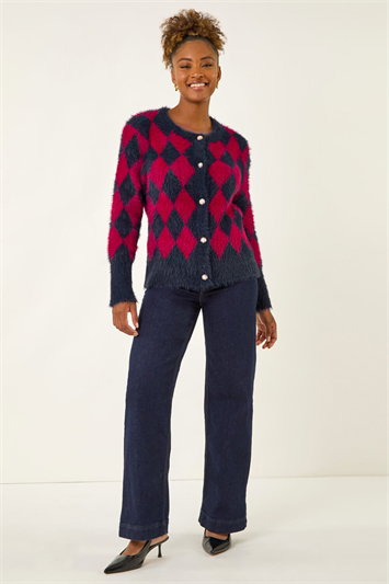 Fluffy Argyle Knit Cardigan 16233578