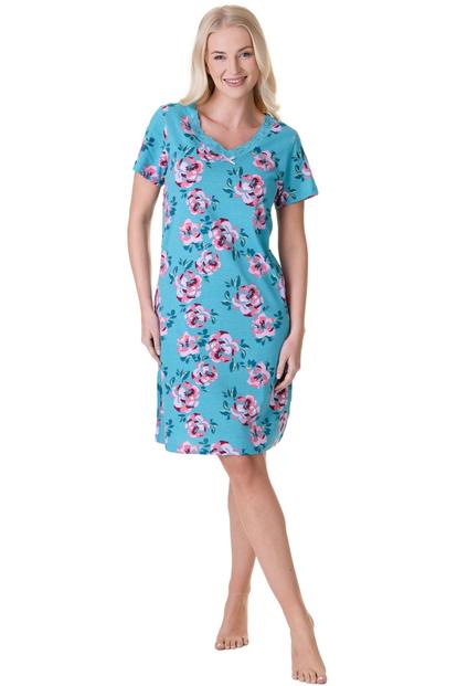 Green Floral Rose Print Cotton Nightshirt