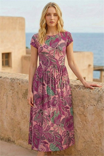Paisley Print Short Sleeve Midi Dress 14718151