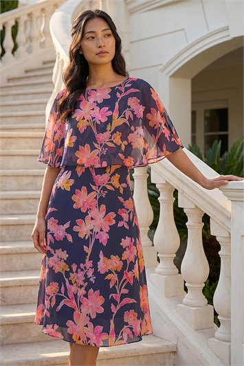 Blue Petite Floral Print Cape Dress