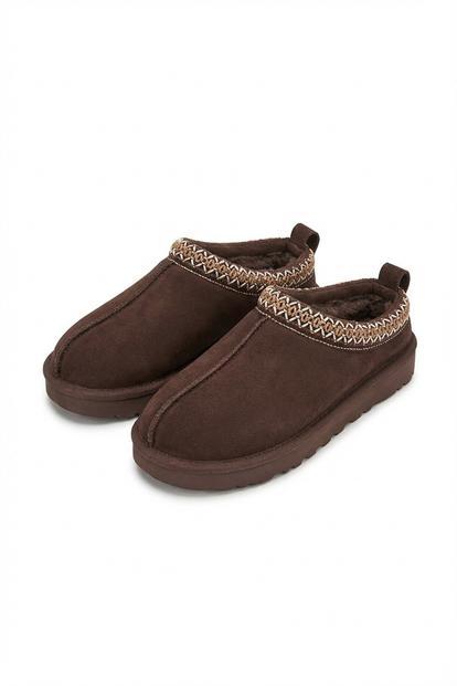Brown Ravina Chunky Slip On Suede Slippers With Stitch Detail