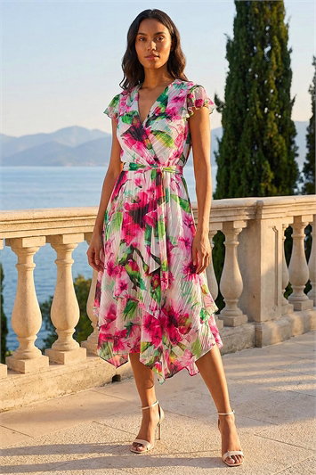 Pink Floral Ruffle Tie Waist Midi Dress