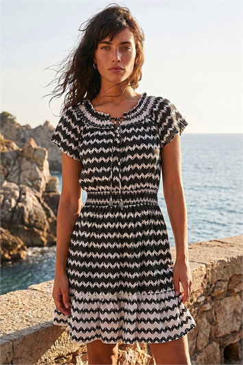 Black Zig Zag Border Print Shirred Dress