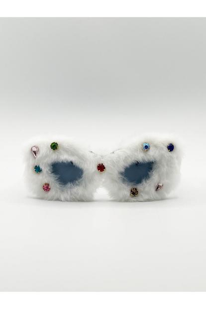 White Faux Fur Cateye Sunglasses With Multicoloured Gems