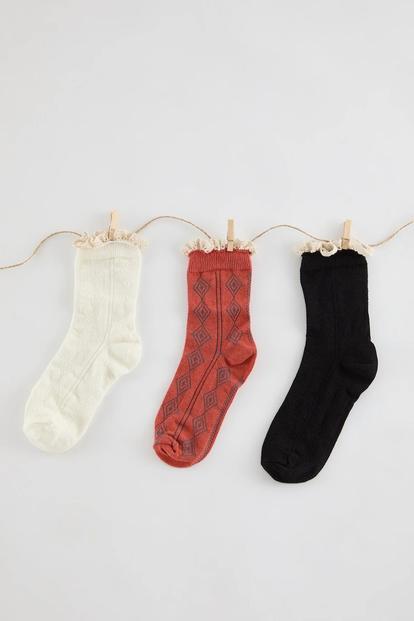 Multi 3 Pack Cotton Jacquard Lace Knit Crew Socks