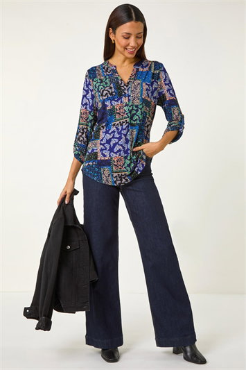 Blue Paisley Contrast Print Stretch Top