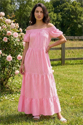 Dusk Gingham Bardot Tiered Maxi Dress 14715872