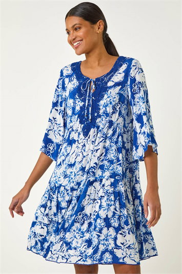 Blue Shadow Floral Lace Smock Dress