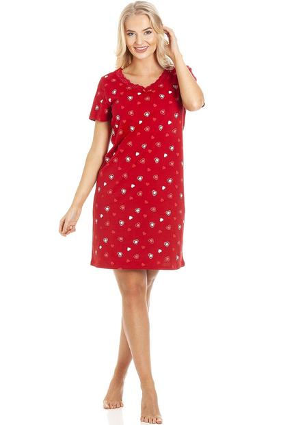 Red Red Heart Print Cotton Nightdress