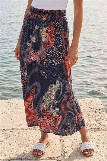 Blue Paisley Print Belted A-Line Skirt