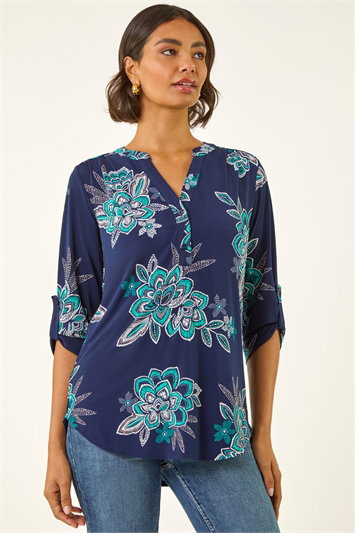 Blue Floral Puff Print Stretch Shirt