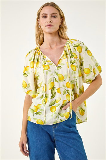 Yellow Lemon Print Tie Front Top