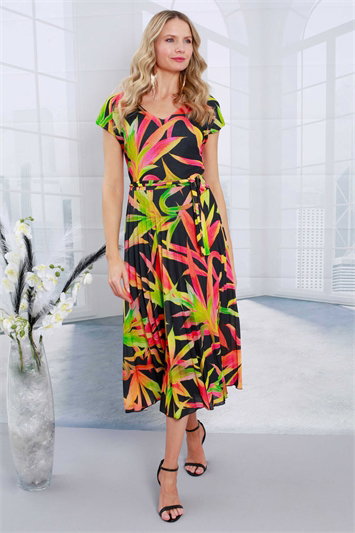 Multi Julianna Leaf Print V-Neck Midi Dress