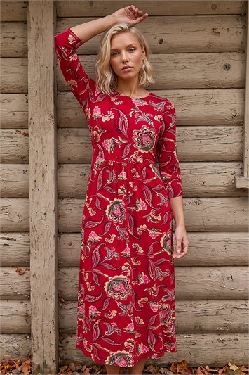 Red Petite Floral Midi Dress