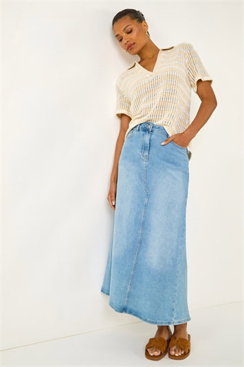 Cream Stripe Crochet Collar Knit Top