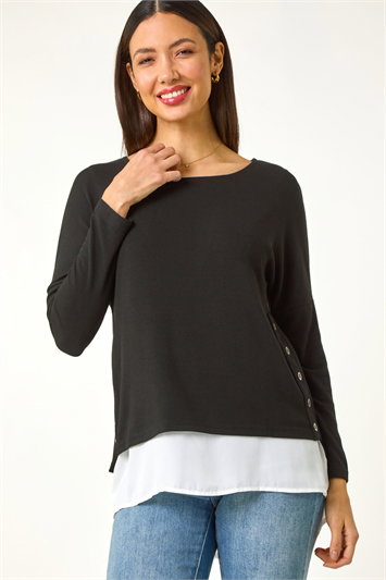 Black 2 In 1 Contrast Hem Detail Stretch Top