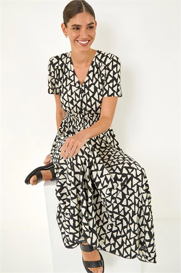 Black Geo Print V-Neck Maxi Dress