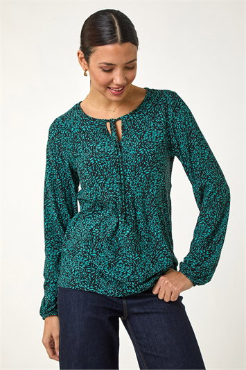 Blue Printed Tie Neck Top