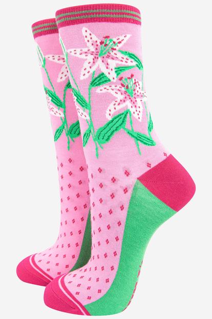 Pink White Lily Floral Bamboo Socks