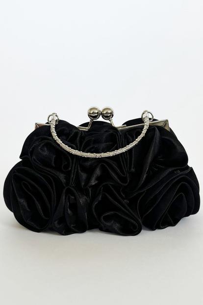 Black 3D Rose Clutch Bag In Black