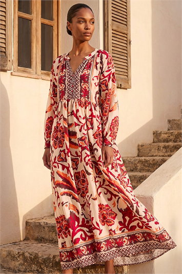 White Floral Border Print Maxi Dress