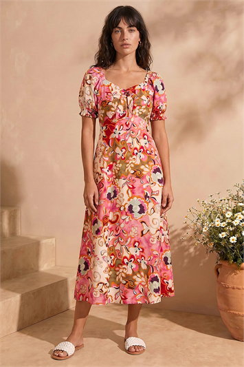 Floral Print Tie Front Midi Dress 14728472