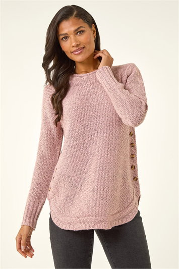 Pink Button Detail Curved Hem Jumper