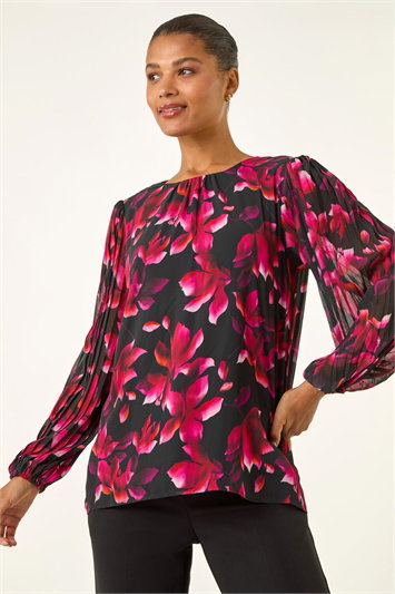 Purple Floral Print Pleated Top