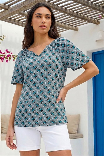 Blue Abstract Print V-Neck Stretch Top