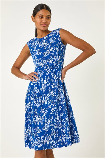 Blue Floral Print Gathered Side Midi Dress