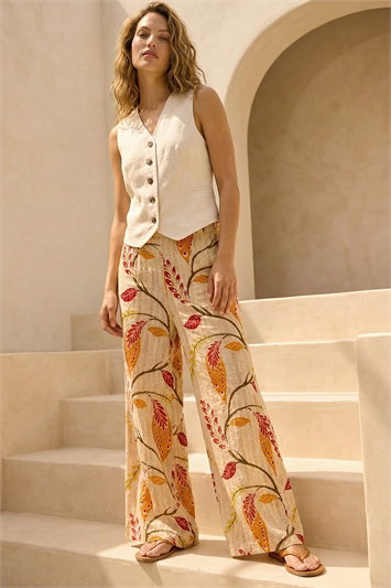 Orange Textured Leaf Print Metallic Trouser