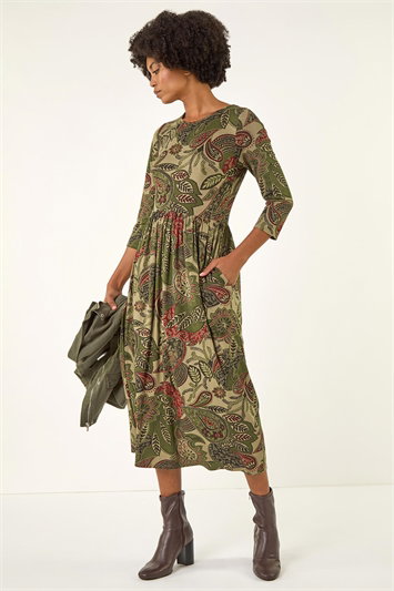 Green Paisley Print Stretch Midi Dress
