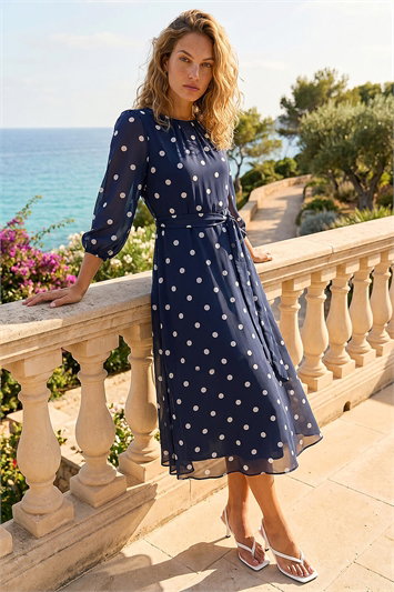 Blue Polka Dot Chiffon Pleated Midi Dress