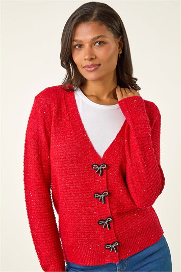 Red Bow Embellished Sequin Knit Cardigan