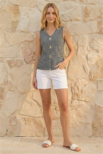 Grey Herringbone Mock Button Waist Coat