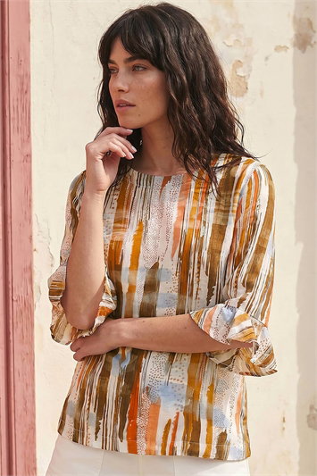 Abstract Print Frill Sleeve Top 20254981