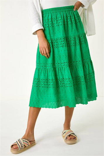 Green Broderie Cotton A-Line Midi Skirt