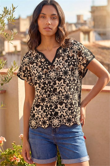 Black Floral Crochet Knit Top