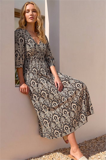 Black Abstract Print V-Neck Midi Dress