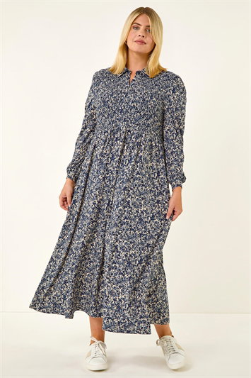 Curve Abstract Print Shirred Midi Dress 14772109